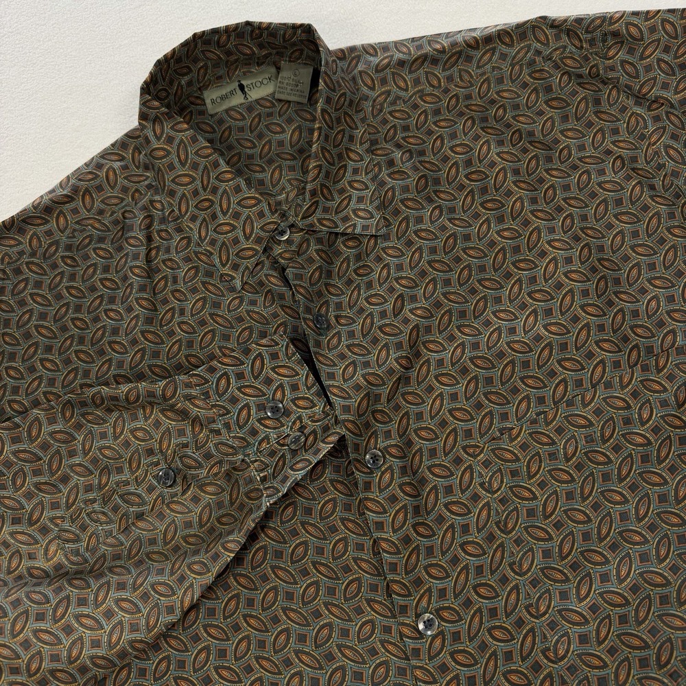 Robert Stock Mens Large Brown 100% Silk Lightweight Short Sleeve Button Up Shirt